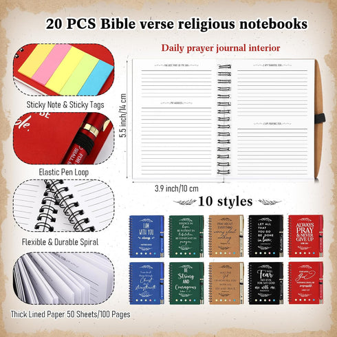 Spakon 20 Set Christian Gifts Bulk - Sticky Note Spiral Notebook and Prayer Journal for Women