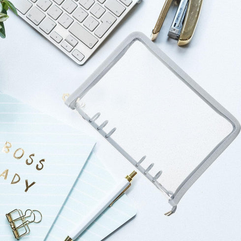 STOBOK A6 Binder Cover, 6-Ring Clear Transparent PVC Notebook Folder with Zipper Closure, Loose Leaf Protector