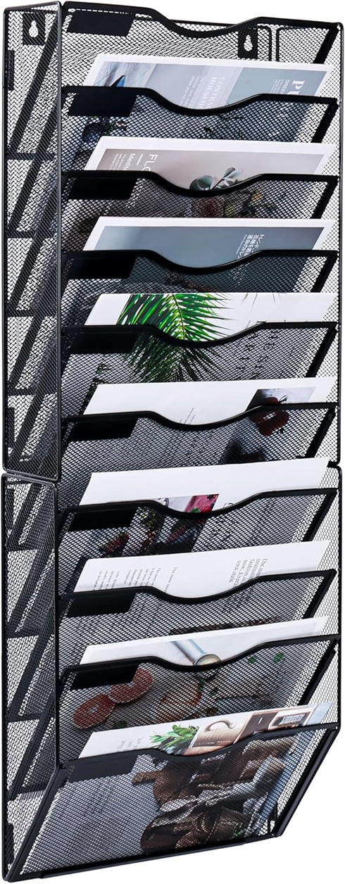 Wall File Holder, 10 Pockets Hanging Wall Organizer, Document and Mail Storage for Office, Black