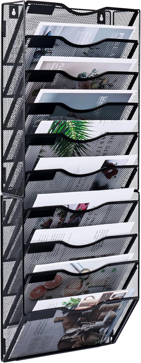 Wall File Holder, 10 Pockets Hanging Wall Organizer, Document and Mail Storage for Office, Black