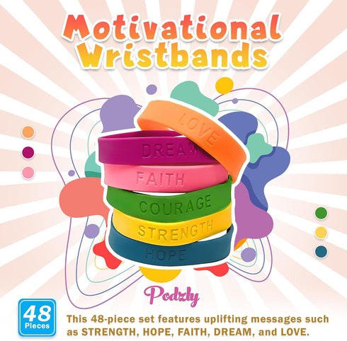 Podzly 48 Motivational Wristbands, Positive Message Rubber Bracelets for Kids, Bulk Silicone Bracelets with