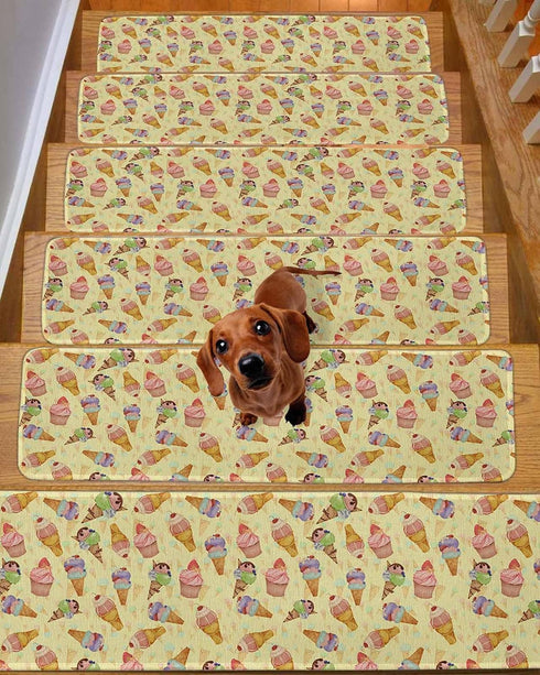BOHOOSKYLAR 4 8"x30" Ice Cream Stair Treads Cake Colorful Yellow Background Indoor Non Slip Peel and Stick Stair Treads