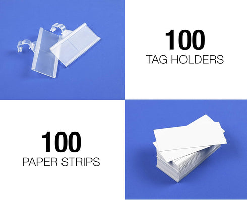 Pack of 100 Plastic Wire Shelf Label Holder, Sign and Ticket Holder, Easy Clip Design with Tight Snap Lock Closure,