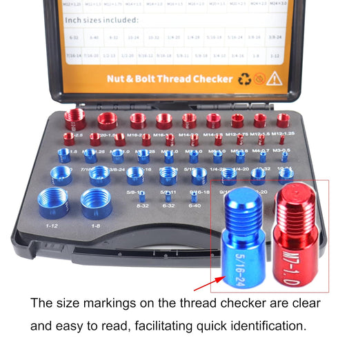 44pcs Nut and Bolt Thread Checker Set, Practical Size Gauge Box for Inch & Metric