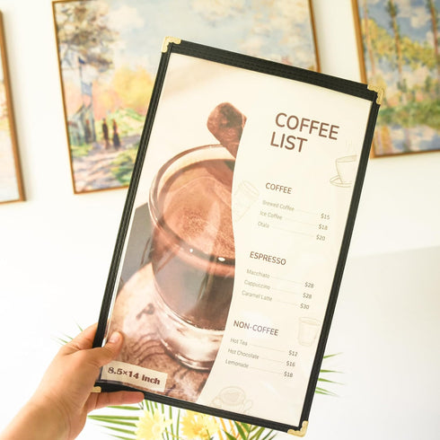 25 Pack 8.5 14 inch 2-View Menu Covers x - Black Vinyl Menu Holders with Clear Sleeves | Waterproof Restaurant Menu