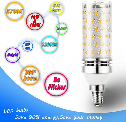 E12 100W Bulbs, E12 12W Bulbs T6 C7 1200lm, 2700k E12 Bulbs, Non-Dimmable, 4Pack Heifymi Equivalent Led Candelabra Led