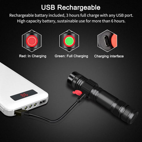 2000 DARKBEAM LED Flashlight Rechargeable USB High Lumens, Small and Bright Pocket Flashlights, Focus Adjustable Water