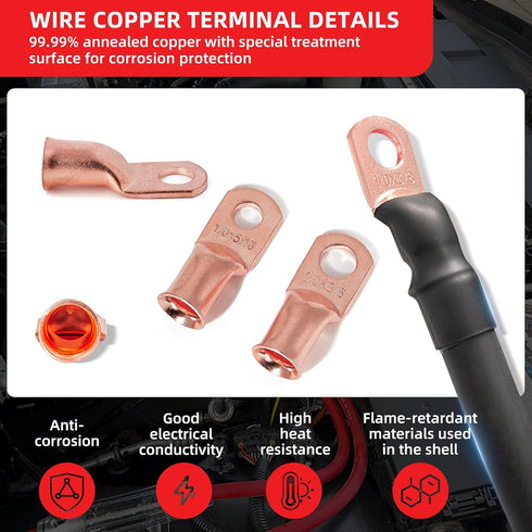 RED WOLF 10 Pack 8 Gauge x 3/8" Copper Wire Ring Terminals Connector Lug Battery Cable Ends with Heat Shrink