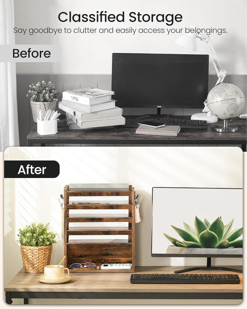 Wall File Organizer, 6-Tier Vertical Mount Hanging Holder with Vintage Wooden Magazine Storage Crate