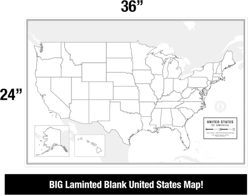 Large Blank United States Outline Map Poster - Laminated 36” x 24” Wall Map for Classroom or Home Study, Dry Erase