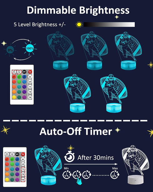3D 16 Attivolife Football Player Night Light for Kids, Rugby Illusion LED Lamp, Colors Changing with Remote Control