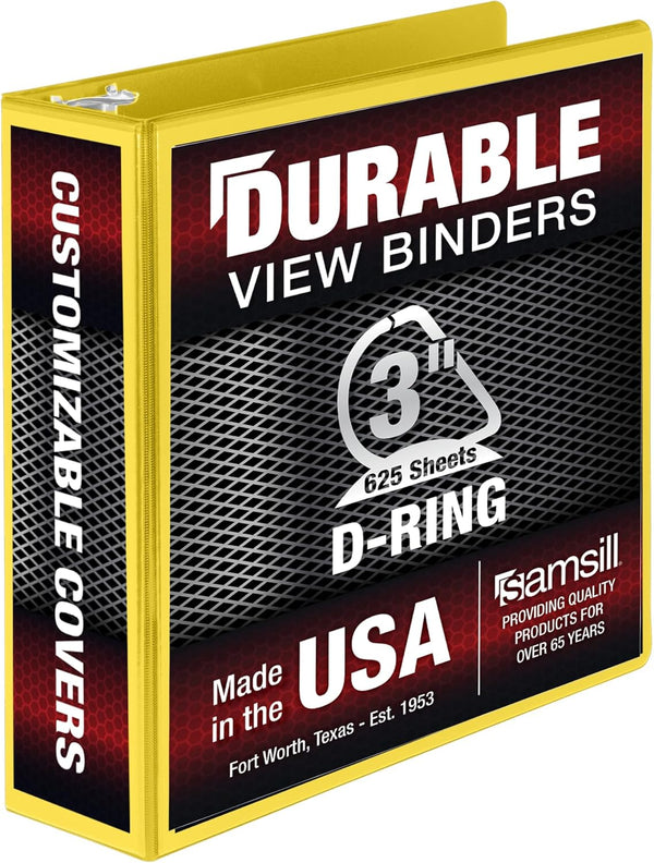 Samsill Durable 3 Inch D Ring Binder, Customizable Clear View Binder, Made in The USA, Yellow, Holds 625 Pages
