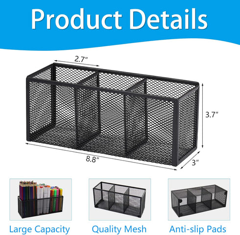 Black Mesh Pen Pencil Holder, Small Metal Desk Organizer Desktop Stationery Office Supplies Acessories Storage Stand, 3 Compartments Brushes Holder for Home School Classroom Teachers by Flytreal