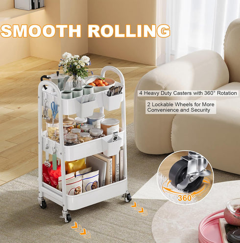 Osivaex 3 Tier Rolling Cart Metal with Wheels, Heavy Duty White Three Tiered Craft Cart Organizer on Wheels, Utility