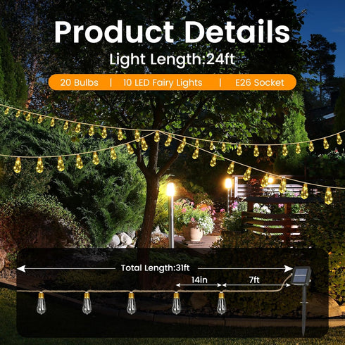 24FT 20 Bulbs, 8 Solar String Lights, Solar Outdoor String Lights, Solar Powered Patio Lights with Shatterproof