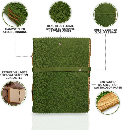 LEATHER VILLAGE Floral Embossed Leather Journal - 200 Pages, 6” x 4” (A6), Green, Vintage Blank Paper Travel Diary