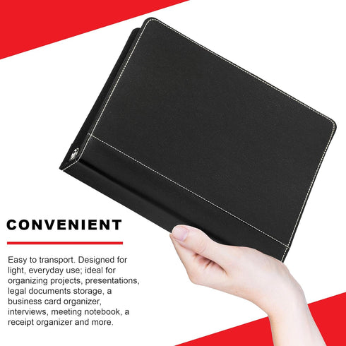Twain Black Contrast Stitched Vegan Leather Binder with Round 1 Inch Capacity Nickel Metal Ring, Portfolio Organizer