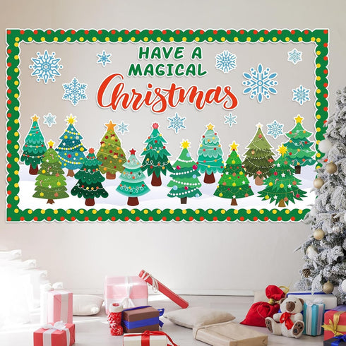Christmas Bulletin Board Decorations - Xmas Tree Paper Cutouts, Holiday Blackboard Border Kit for School Decor