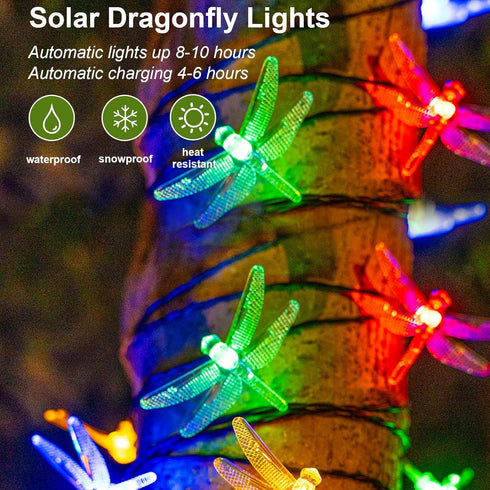 25.9 8 20 FT Dragonfly Solar String Lights, Modes Waterproof Multicolor Lights Outdoor, LED Solar Powered Dragonflies