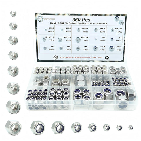wwsurpluses 360 Pcs SAE & Metric Nylon Insert Lock Nuts Kit, 6#32 8#32