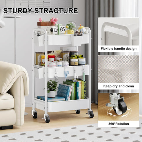 Aofure 3 Tier Rolling Cart Metal with Wheels, White Three Tiered Craft Cart Organizer on Wheels, Storage Utility Carts