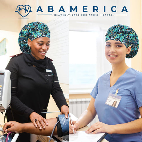 2 Pack ABAMERICA Bouffant Caps with Button and Sweatband, Adjustable Scrub Caps for Women Men, One Size Multi Color