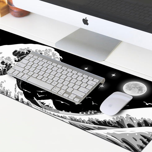 Gaming Mouse Pad, Japanese Black and White Sea Wave Large XXL Extended Desk Mat, 31.06" x 11.8" for Home Office Gaming