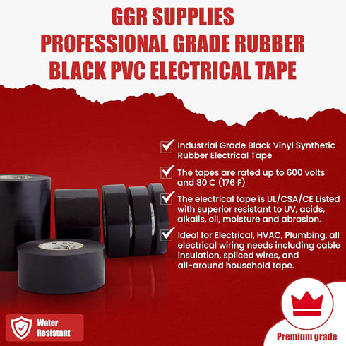 GGR Supplies T.R.U. EL7566-AW Professional Grade Rubber Black PVC Electrical Tape, 1 in. x 66 Ft.