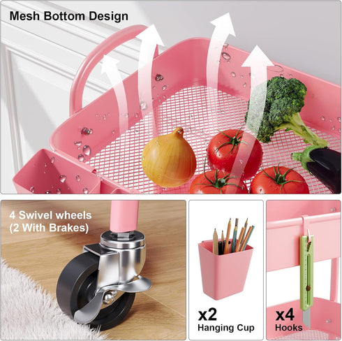 Recximi 4 Tier Rolling Cart Metal with Lockable Wheels, Four Tiered Pink Trolley Cart on Wheels, Utility Storage