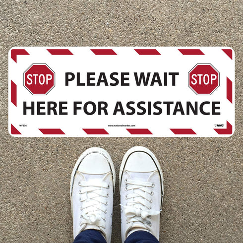 NMC WFS76A STOP! Please Wait Here for Assistance Sign - Social Distancing Floor Sign, 8" x 20"