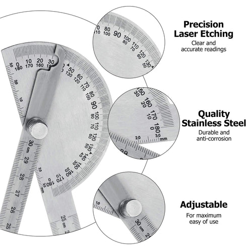 Outus Angle Protractor - Two Arm Stainless Steel Ruler for Woodworking, Angle Measure Tool with 0-180 Degrees