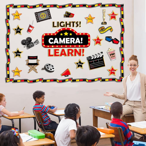 Movie Night Bulletin Board Classroom Decoration Set, Motivational Hollywood Theme Cutouts for Back to School Decor