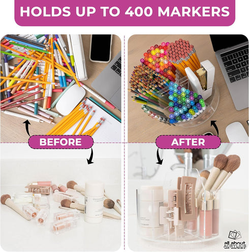 ALL ABOUT ACRYLICS 360 Acrylic Marker Organizer - Multipurpose Rotating Holder for Pencil, Pen, Makeup Brushes, Crayon