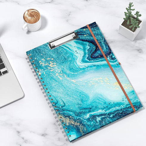 Rimilak Spiral Clipboard Folio with Refillable Lined Notepad, 14.5 x 9.8 Inch Teal Marble Clipfolio with 5 Pockets