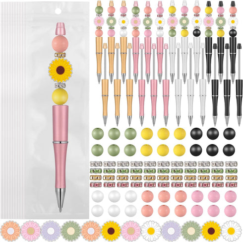 Colarr 24 Sets Plastic Beadable Pens DIY Making Kit, Assorted Bead Pens with Black Ink Ballpoint Pen for Women Students