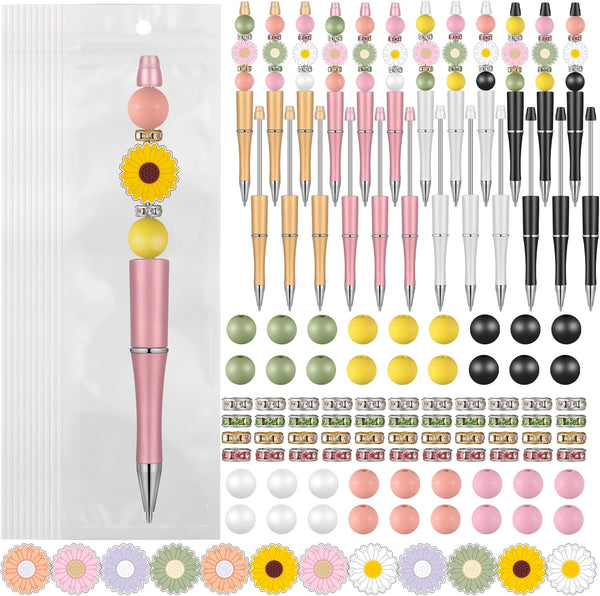 Colarr 24 Sets Plastic Beadable Pens DIY Making Kit, Assorted Bead Pens with Black Ink Ballpoint Pen for Women Students