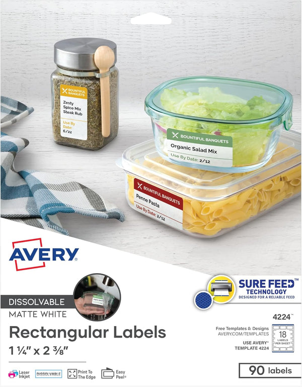 Avery Printable Dissolvable Rectangle Labels, 1-1/4" x 2-3/8", White, 90 Customizable Labels (4224)