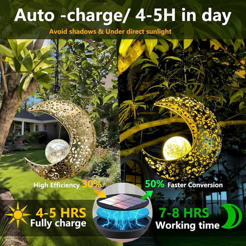 Solar Garden Hanging Moon Lights Outdoor Decor,Metal Lanterns Art Decorations for Outside Yard Lawn Patio Wall Fences