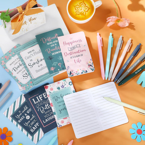 Funrous 32 Pcs Motivational Quote Pens - Inspirational Notepads Mini Journal with Ballpoint Pen, Floral Gift Set