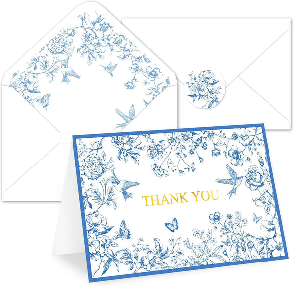 Whaline 50 Pack Blue Floral Gold Foil Thank You Cards Boxed Greeting