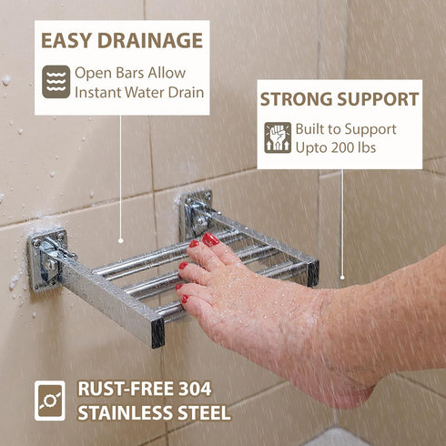 Grab Bar Specialists 200 lbs/ 304 9x 8 Shower Foot Rest and Shaving Pedestal - Wall Mount Folding Shower Ledge/Elevate
