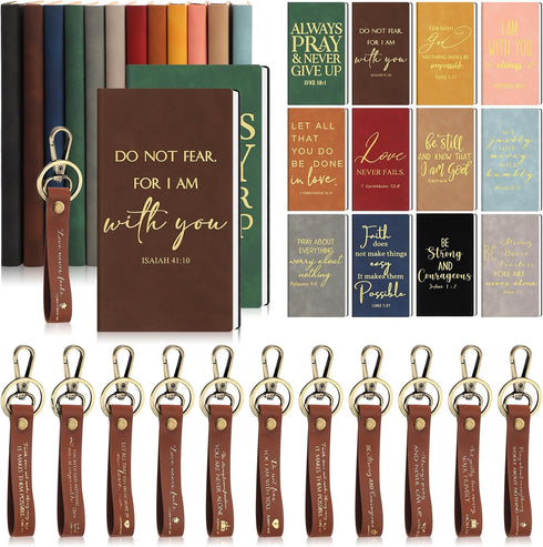 Qilery 24 Pcs Christian Gifts Bulk, 12 Bible Verse Prayer Journals, 12 Leather Keychains, Religious Notebooks for Clergy