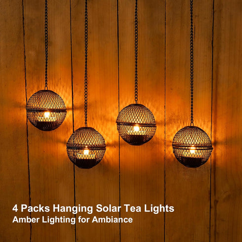 4 Pack Solar Hanging Lanterns Lights Outdoor, Hanging Candle Holder with Solar Tea Lights Candles Outdoor Waterproof