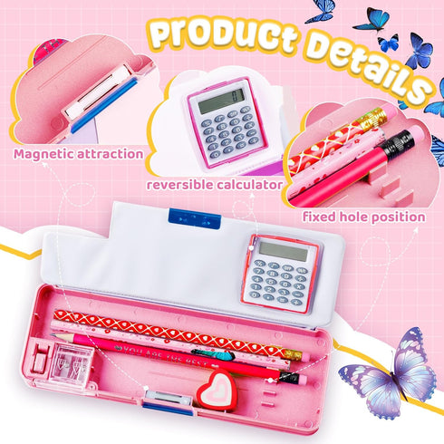Henoyso Pencil Box with Calculator and Pencil Sharpener, Multifunction Cool School Supplies for Kids, Teens (Flower)