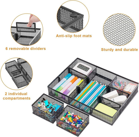 Marbrasse 3 Packs Desk Drawer Organizers, Tray with 9 Adjustable Compartments for Makeup & Office Supplies (2Pack-Black)