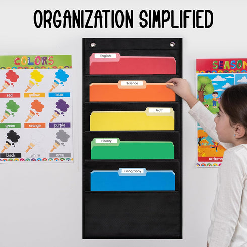 Essex Wares 5 Pocket File Pocket Chart - Black, 14" Wide x 24" Tall Wall Hanging Organizer