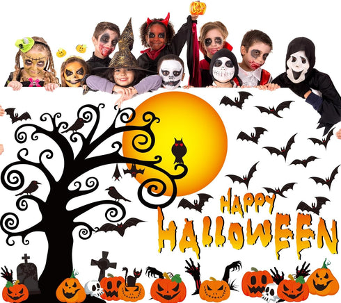 Large Happy Halloween Bulletin Board Set, Classroom Decoration with Bat Pumpkin Tree Paper Cutouts