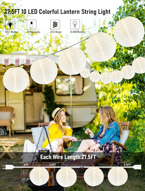 27.5FT 10 G40 Bulbs, Lantern String Lights Outdoor, White Lantern String Lights Plug in with Nylon Lanterns and LED