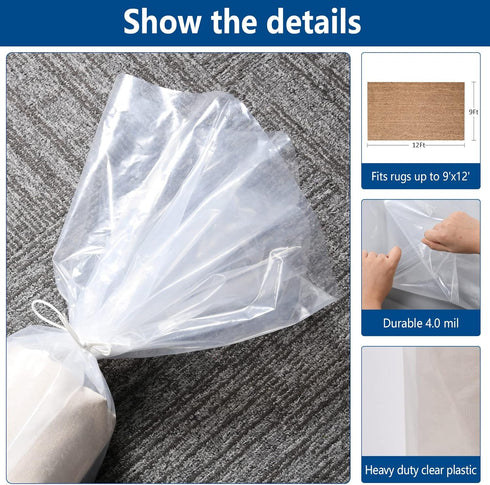 3 Count Giant Plastic Rug Storage Bag, 26"W x 130"L, Fits Rug up to 9'x12' for Indoor Outdoor Carpet Storage, Moving