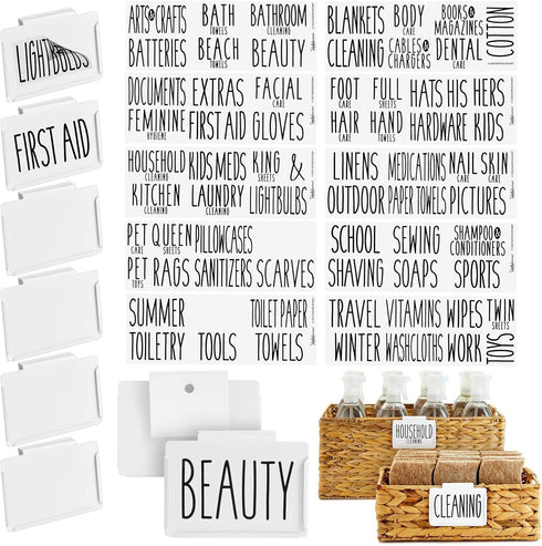 Talented Kitchen 8 Pack Metal Basket Labels Clip On Holders with 70 Labels for Organizing Home, Bathroom, Linen Closet